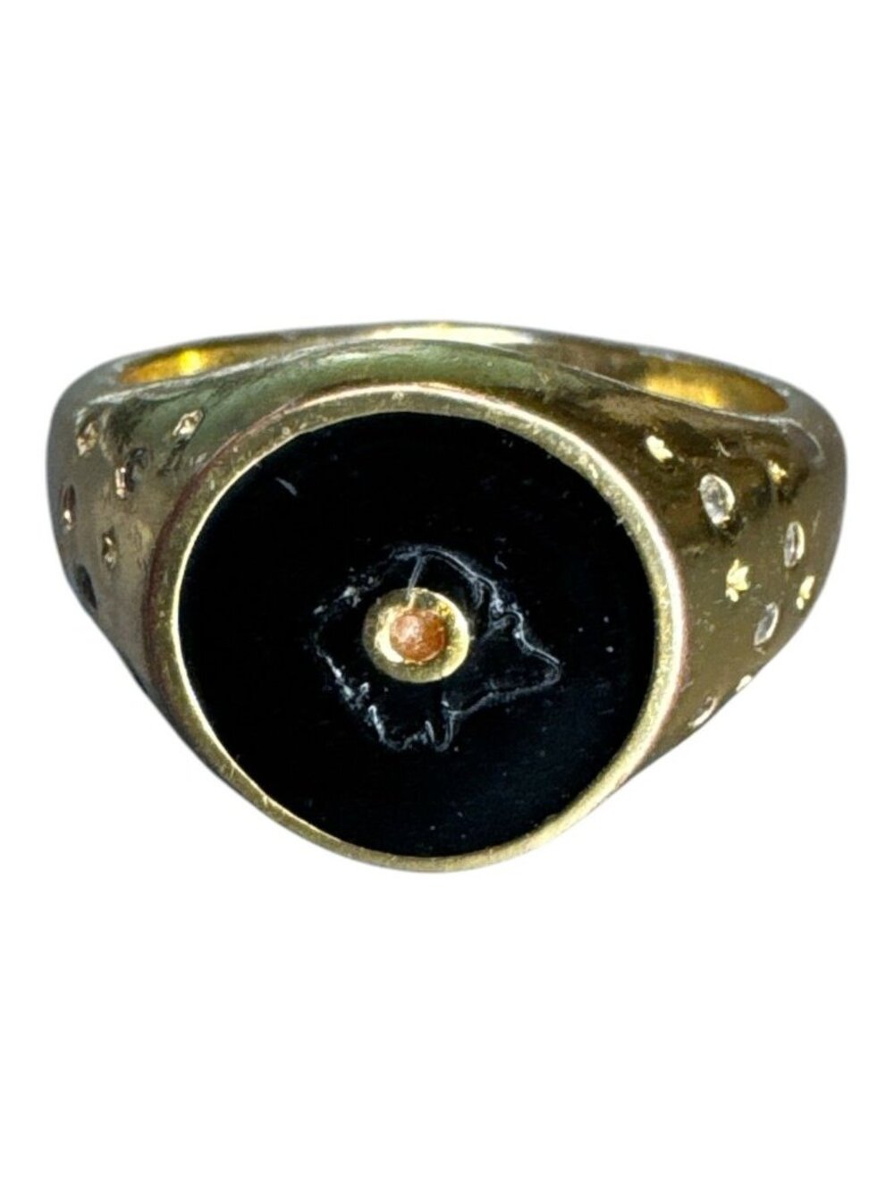 Vintage Gold-Tone Starry Night Signet Ring With Black Enamel Center & Crystal Ac